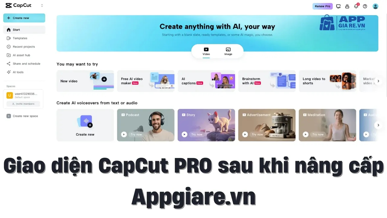Giao diện CapCut PRO sau khi nâng cấp tại Appgiare.vn