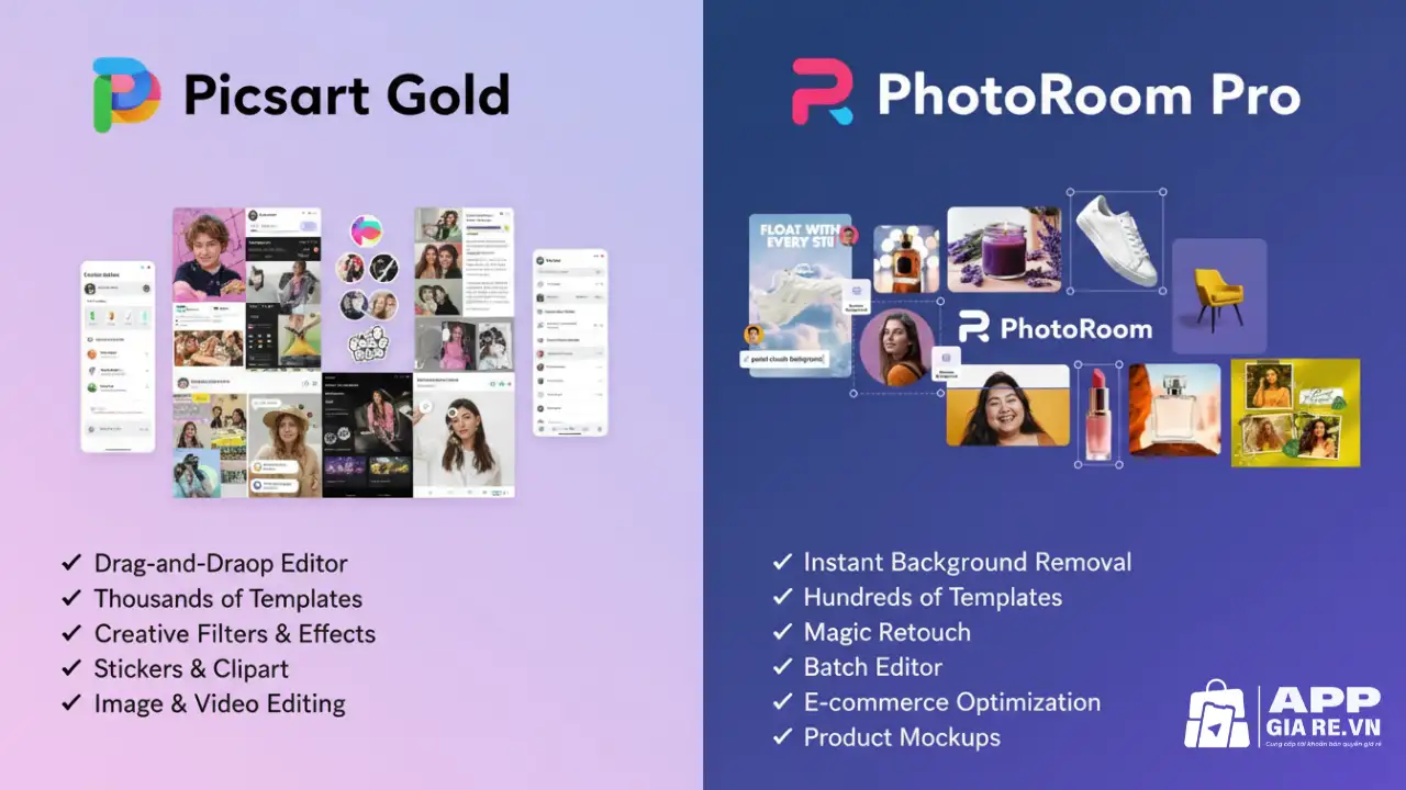 Tài khoản PhotoRoom Pro giá rẻ nâng cấp chính hãng 11 Picsart Gold Vs PhotoRoom Pro