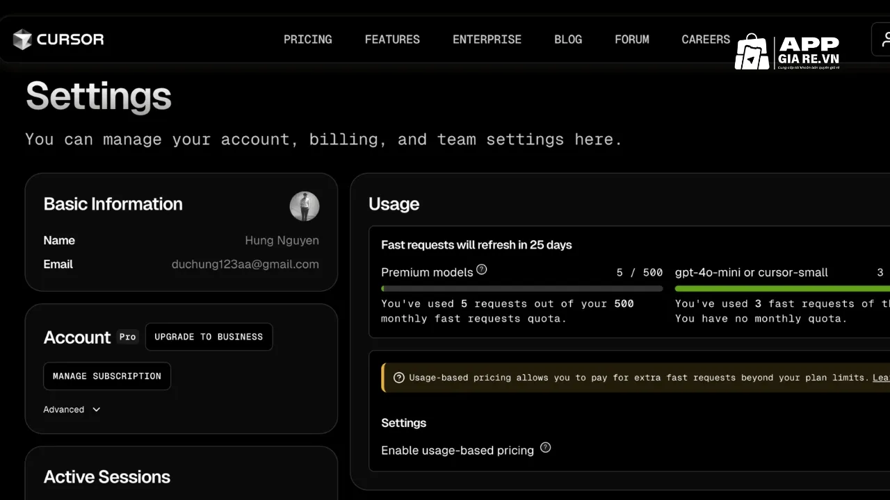 Tài khoản Cursor PRO được 500 fast requests/tháng + unlimited slow sau khi sử dụng dịch vụ tại Appgiare.vn