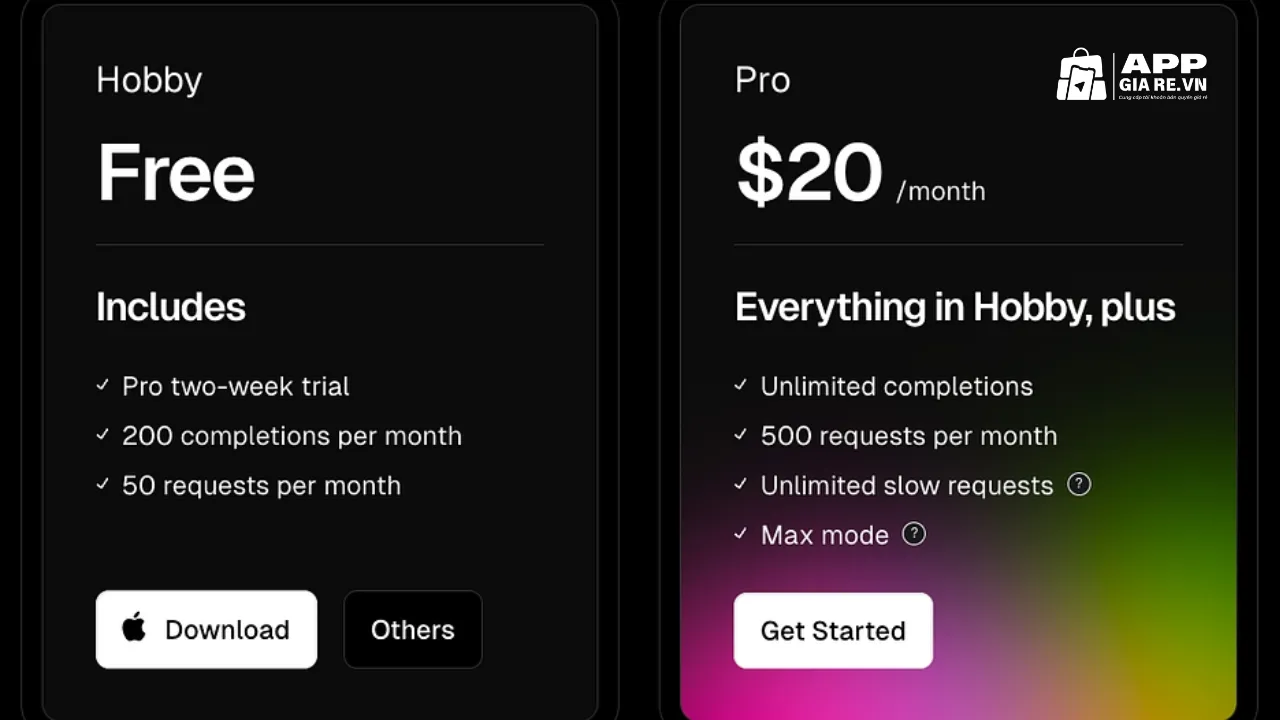 Bảng giá Cursor AI gồm gói Free và gói Pro $20/tháng cho lập trình viên