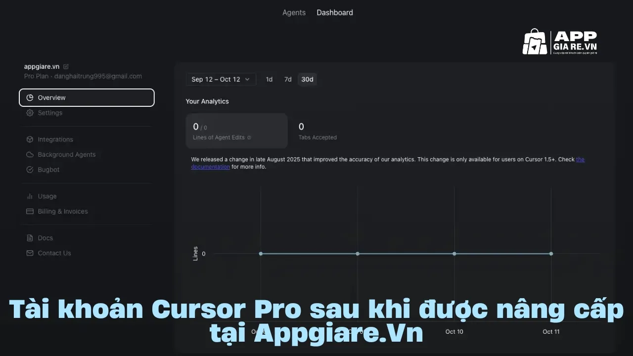 Tài khoản Cursor PRO sau khi được nâng cấp tại Appgiare.vn