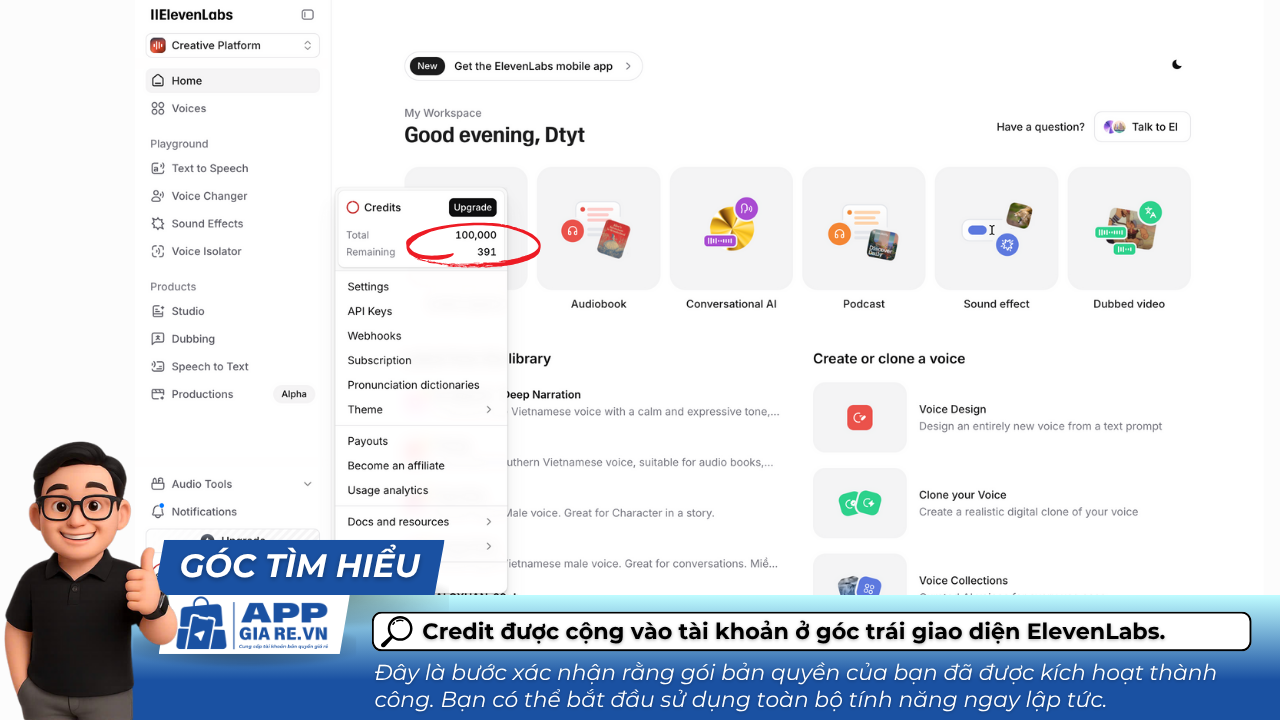 credit duoc cong vao tai khoan o goc trai giao dien ElevenLabs