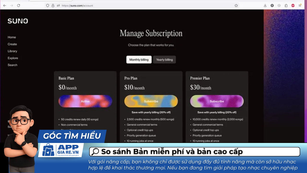 So sanh suno Ban mien phi va ban cao cap