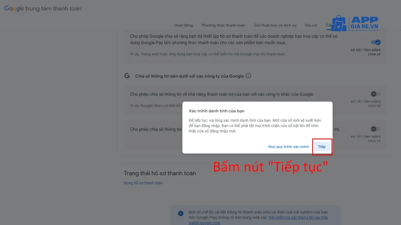 Bấm nút "Tiếp tục" để xác minh danh tính trước khi xóa hồ sơ thanh toán Google