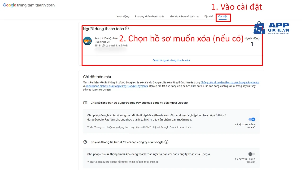 Chọn hồ sơ thanh toán Google cần xóa (nếu có nhiều hồ sơ)