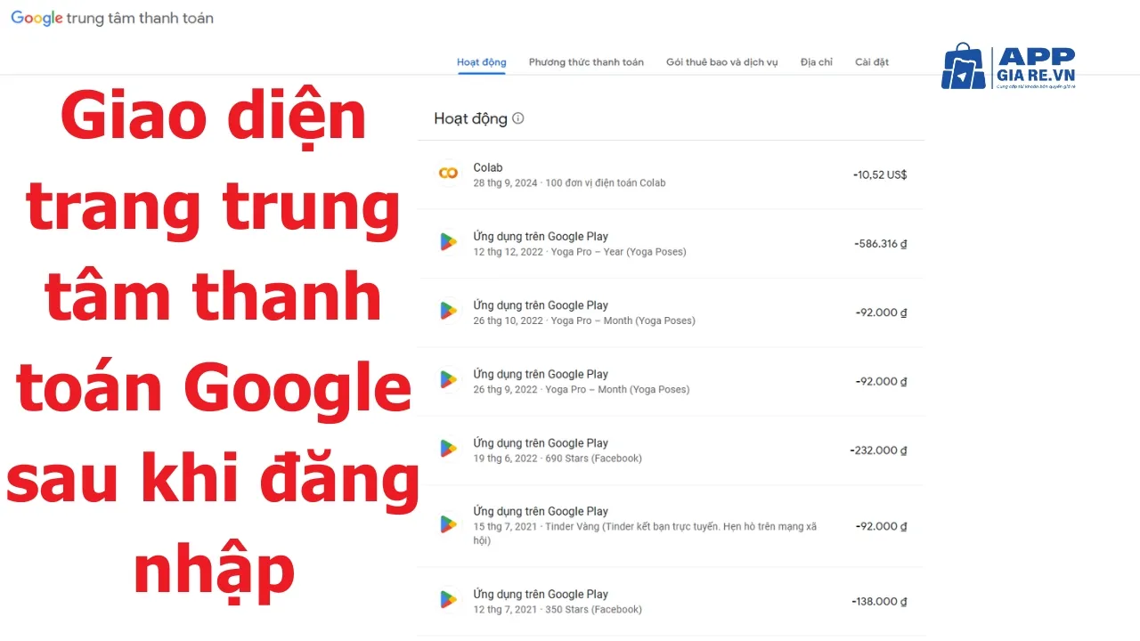 Giao diện trang trung tâm thanh toán Google sau khi đăng nhập