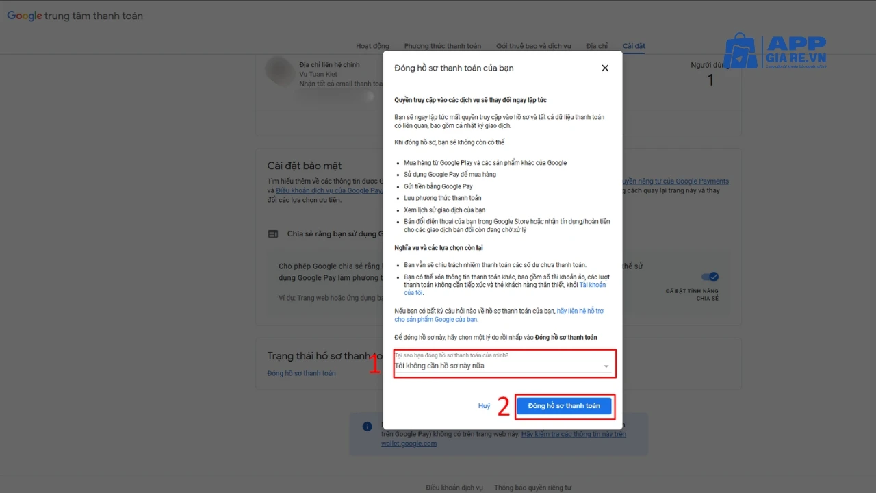 Chọn lý do đóng hồ sơ thanh toán Google rồi bấm nút "Đóng hồ sơ thanh toán"