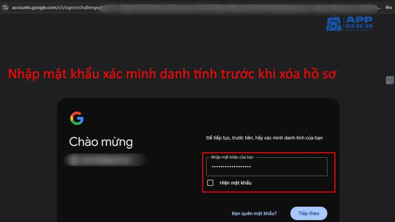 Nhập mật khẩu xác minh danh tính trước khi xóa hồ sơ