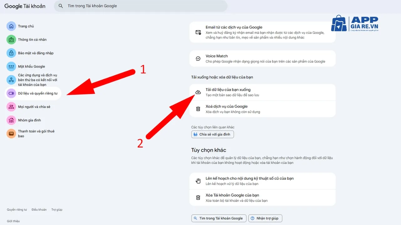 Sao lưu thông tin cần thiết trước khi xóa hồ sơ thanh toán Google