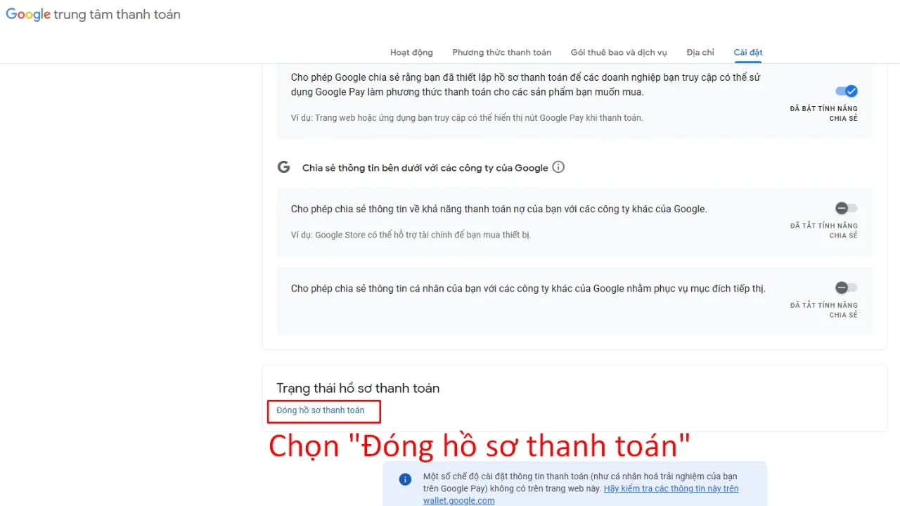 Nhấn vào tùy chọn "Đóng hồ sơ thanh toán"