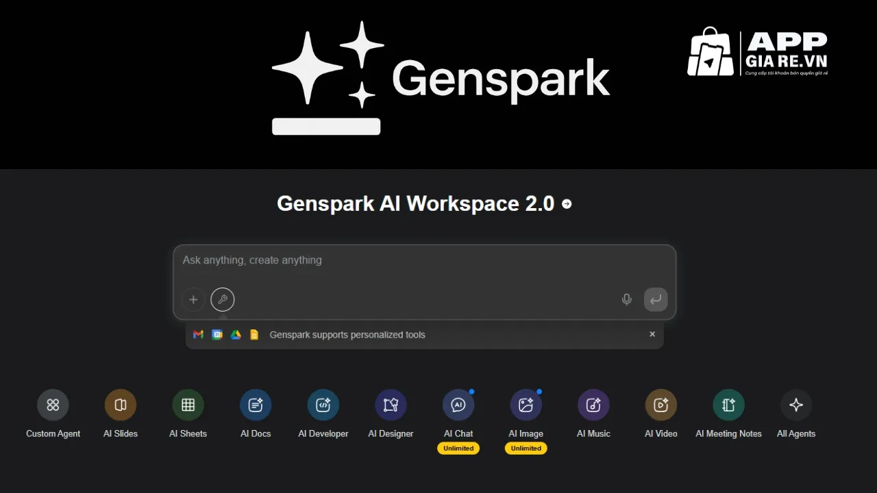 Genspark AI Workspace 2.0 giao diện nền tảng AI all in one với chat và các công cụ AI như Slides,Docs,Image,Video,...