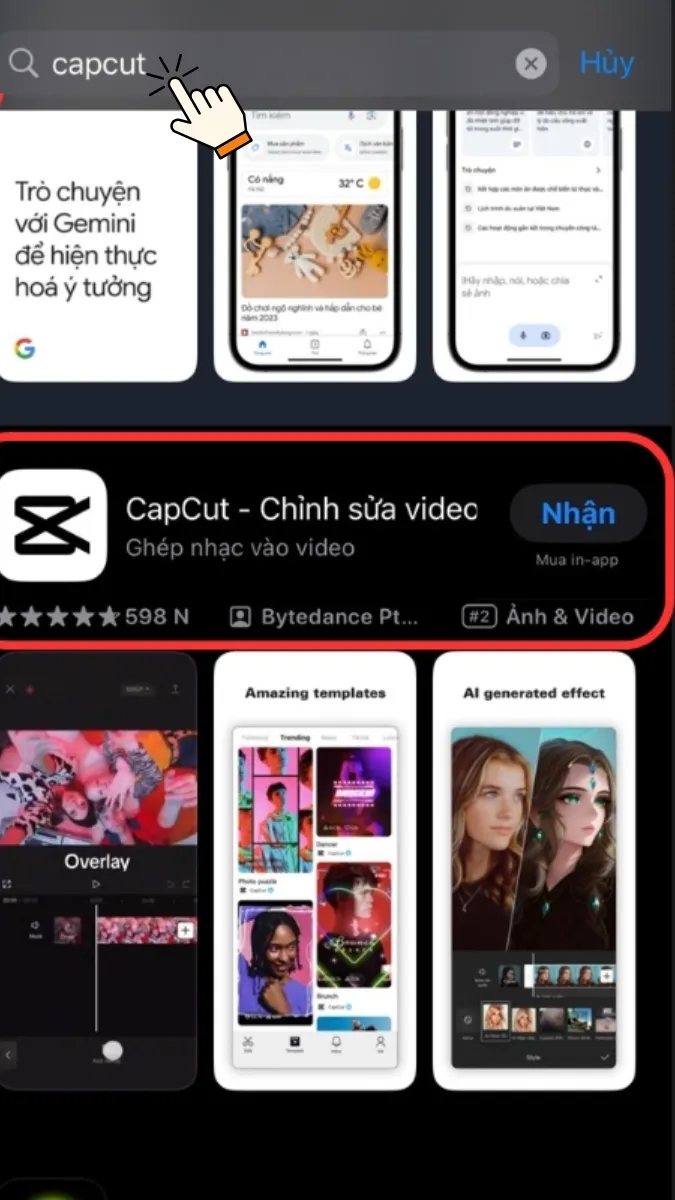 Giao diện App Store trên iPhone, thanh tìm kiếm đang hiển thị từ khóa "CapCut".
