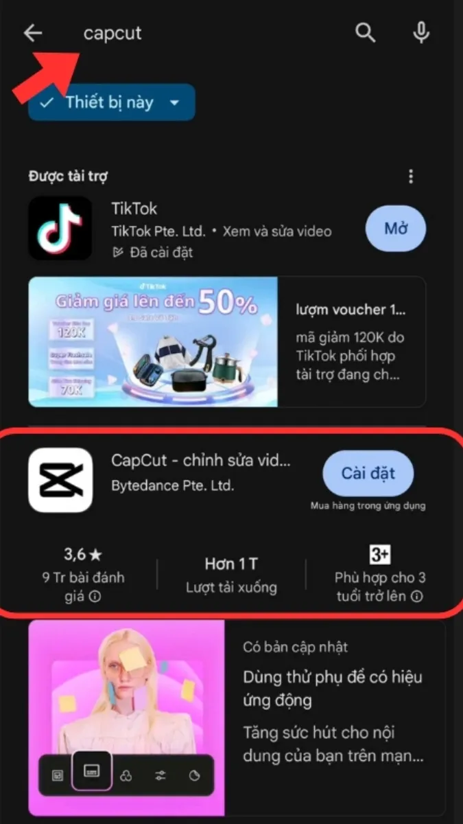 Giao diện Google Play Store với từ khóa "CapCut" đang được nhập vào thanh tìm kiếm