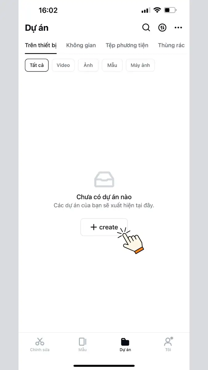 Giao diện trang chủ ứng dụng với nút Dự án mới (Create) ở giữa màn hình.