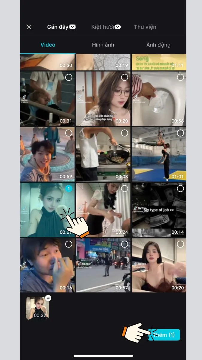 Màn hình chọn video từ thư viện và nút Thêm ở góc dưới.