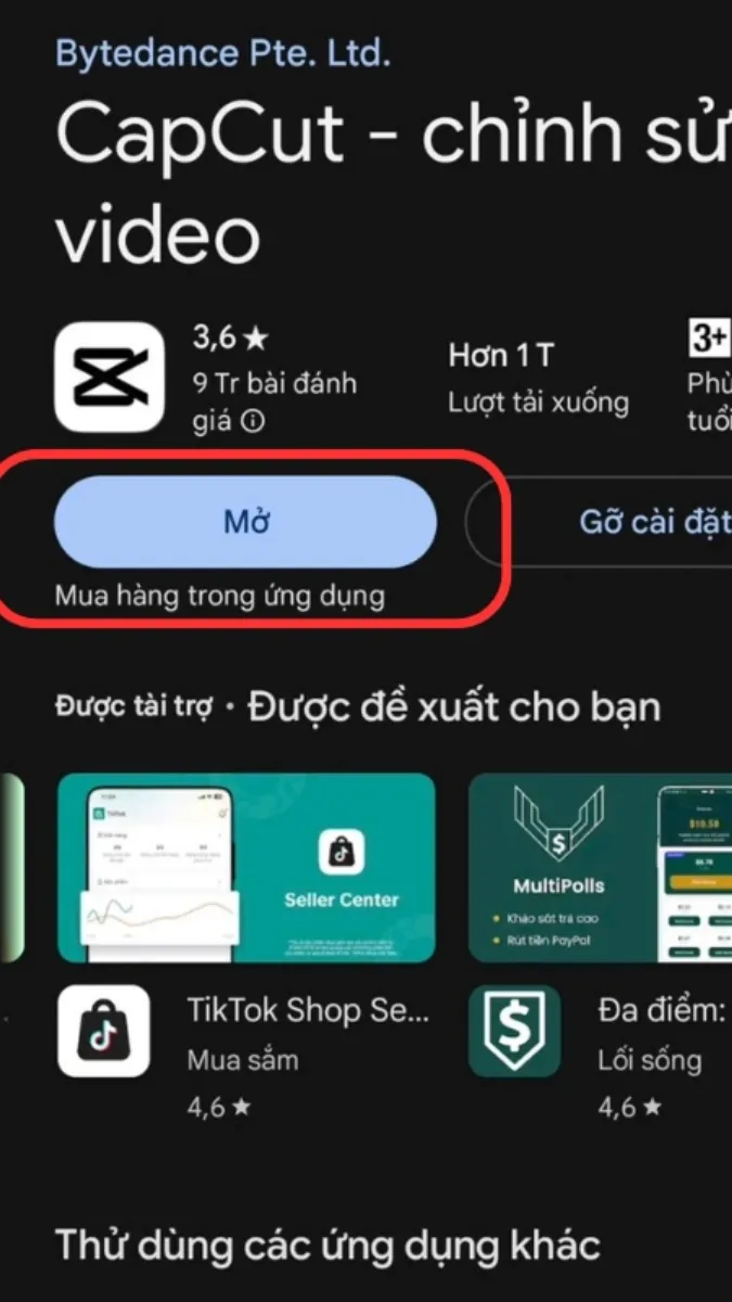 Màn hình thông báo cài đặt thành công, nút Mở xuất hiện bên cạnh tên CapCut.