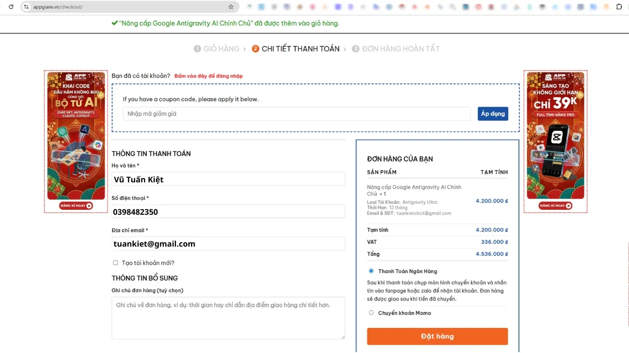 Điền đầy đủ thông tin thanh toán
