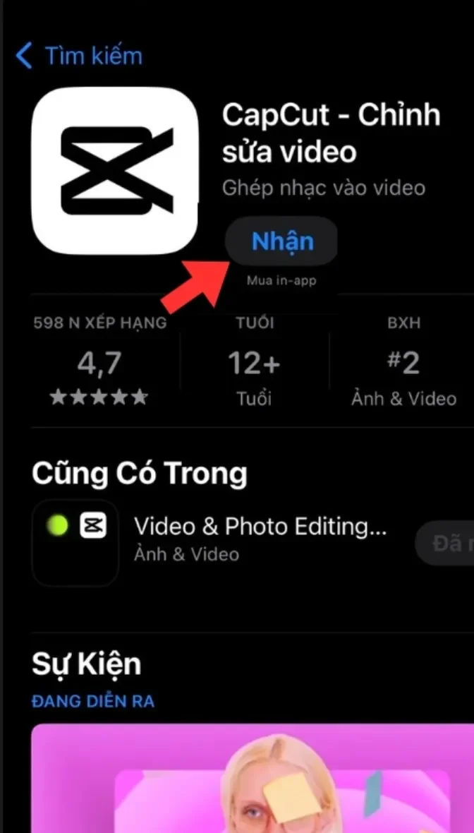 Trang ứng dụng CapCut trên App Store với nút Nhận nổi bật bên phải.