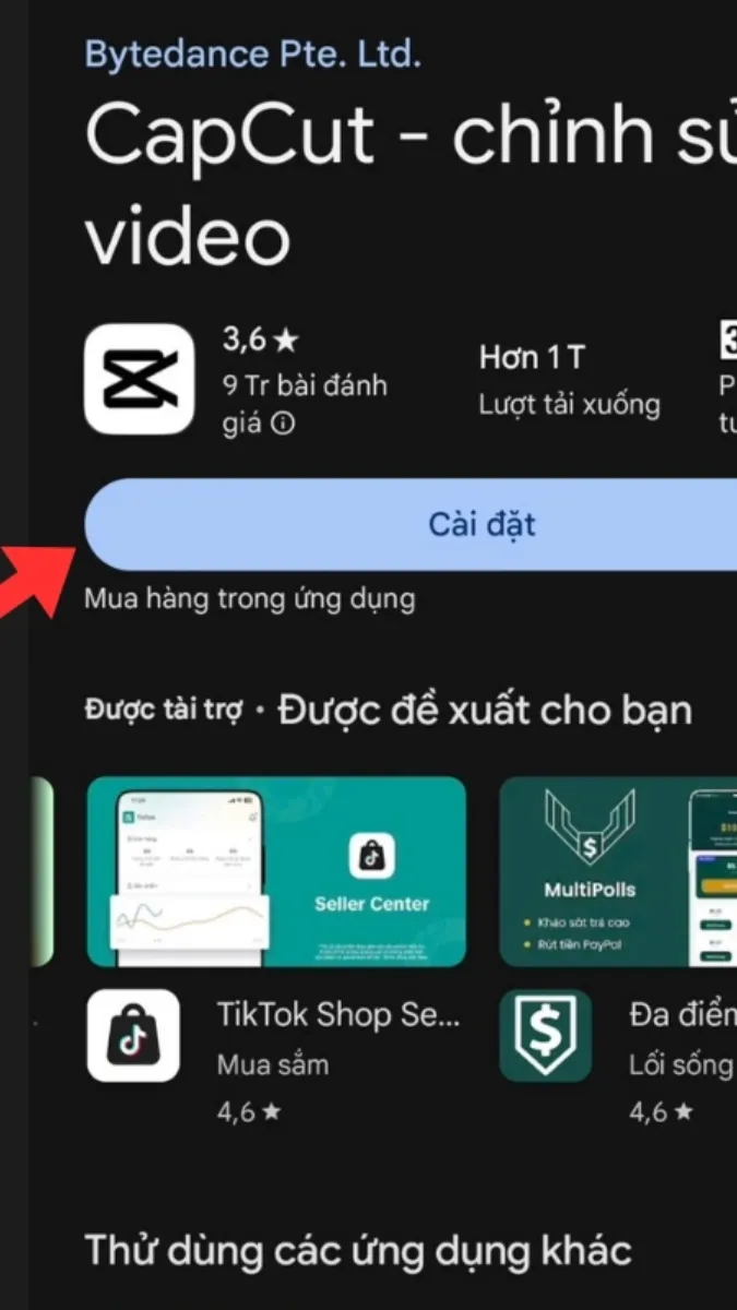 Trang ứng dụng CapCut trên Play Store với nút Cài đặt đang được nhấn.